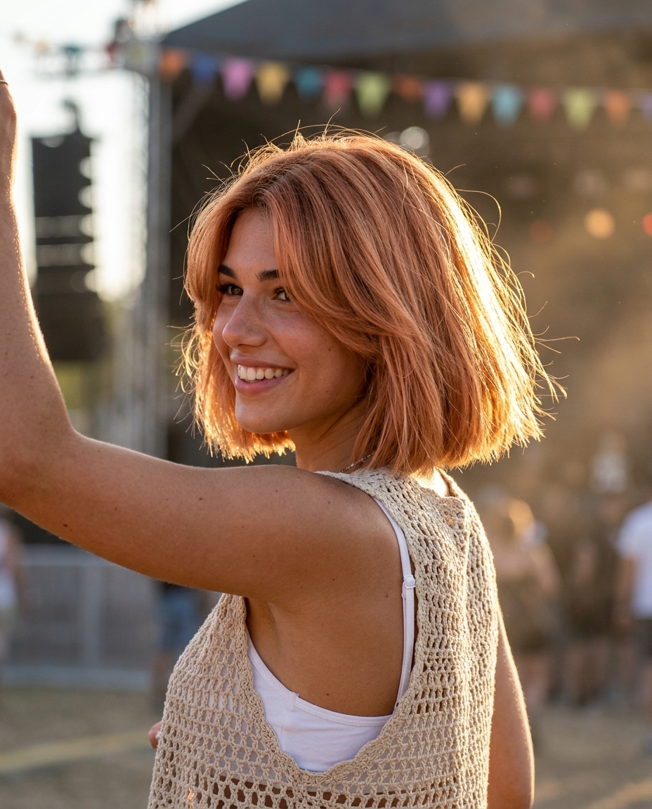 chin-length textured bob with muted apricot copper and strawberry blonde accents for summer