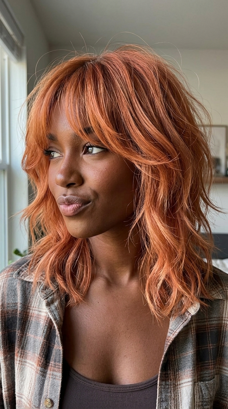 below-collarbone wavy shag haircut in apricot crush with peach highlights, wispy fringe — playful
