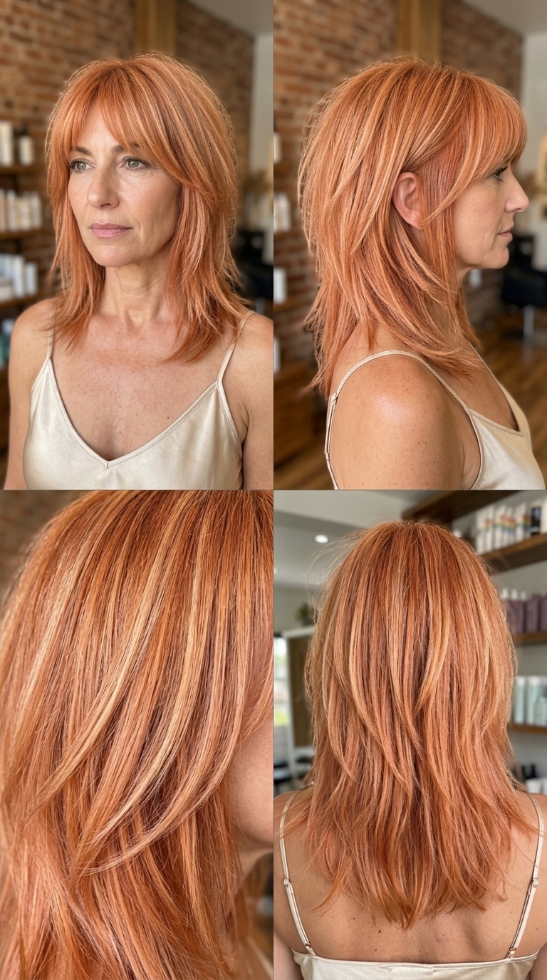 collarbone-length shag haircut in apricot crush with strawberry blonde accents, razored choppy layers, piecey fringe — bold and bohemian