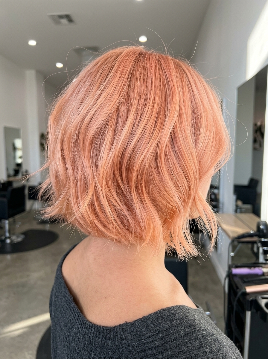 jawline-length textured bob haircut with apricot crush pastel, peach rose gold, wispy fringe — playful festival look