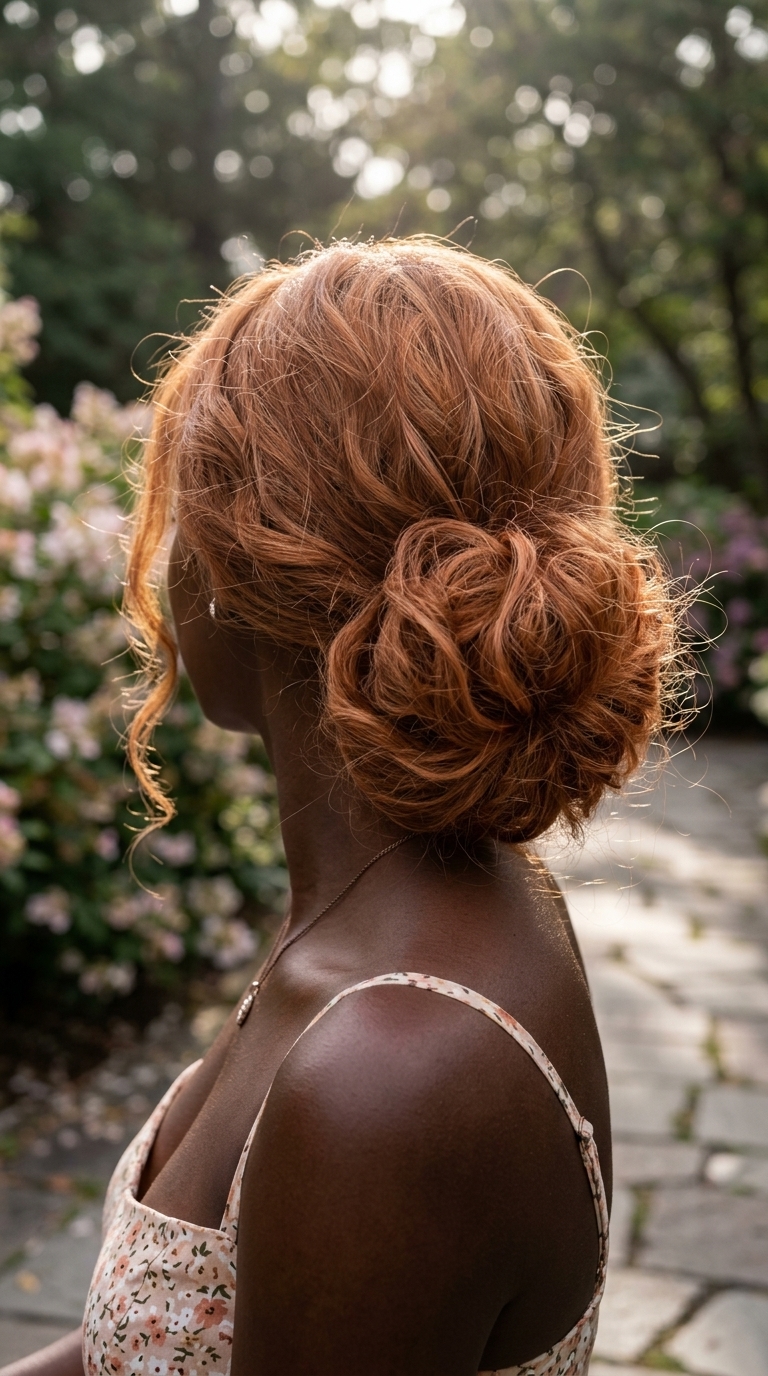 long apricot crush soft bun with strawberry blonde tendrils for date night