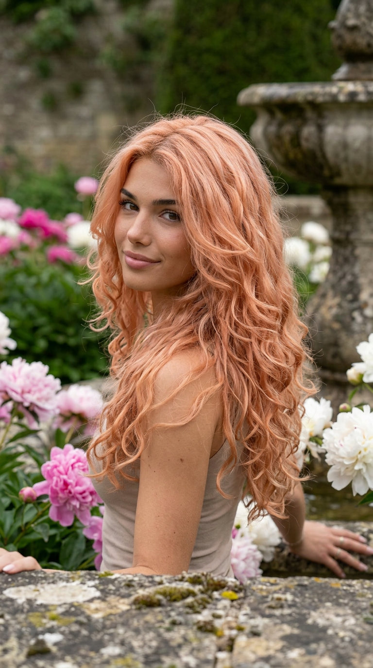 long curly haircut with apricot crush & strawberry blonde, cascading layers for dreamy summer