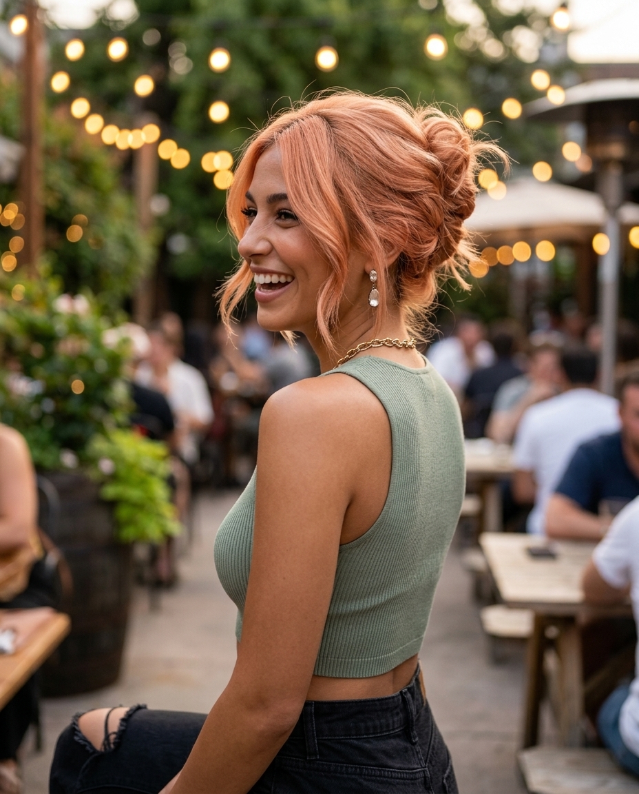apricot crush messy french twist bun with piecey ends for summer date night