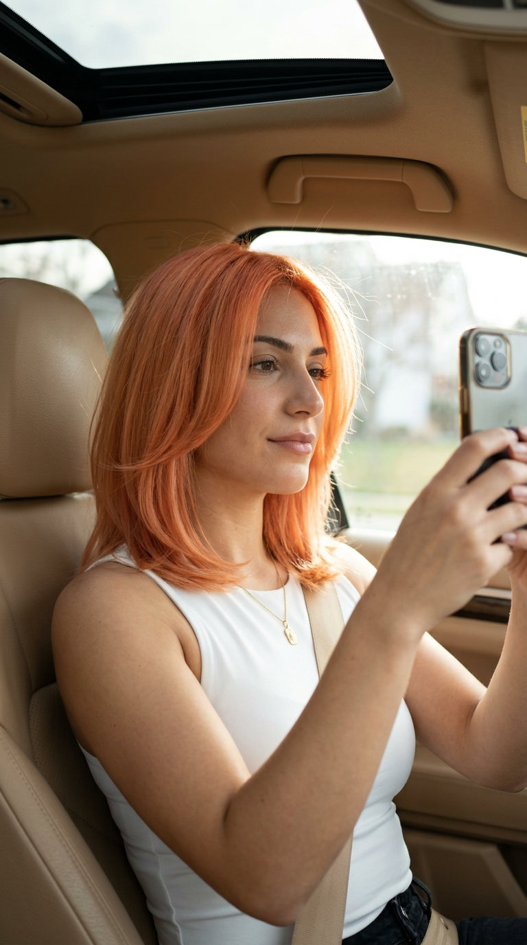medium-length apricot crush curve cut with peachy-copper hues and face-framing pieces for date night