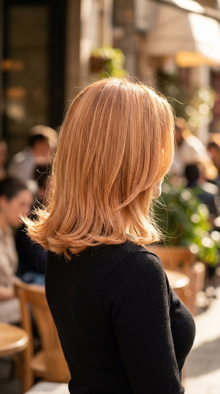 mid-length apricot crush haircut with peachy-copper ribbons and outward flick ends for professional