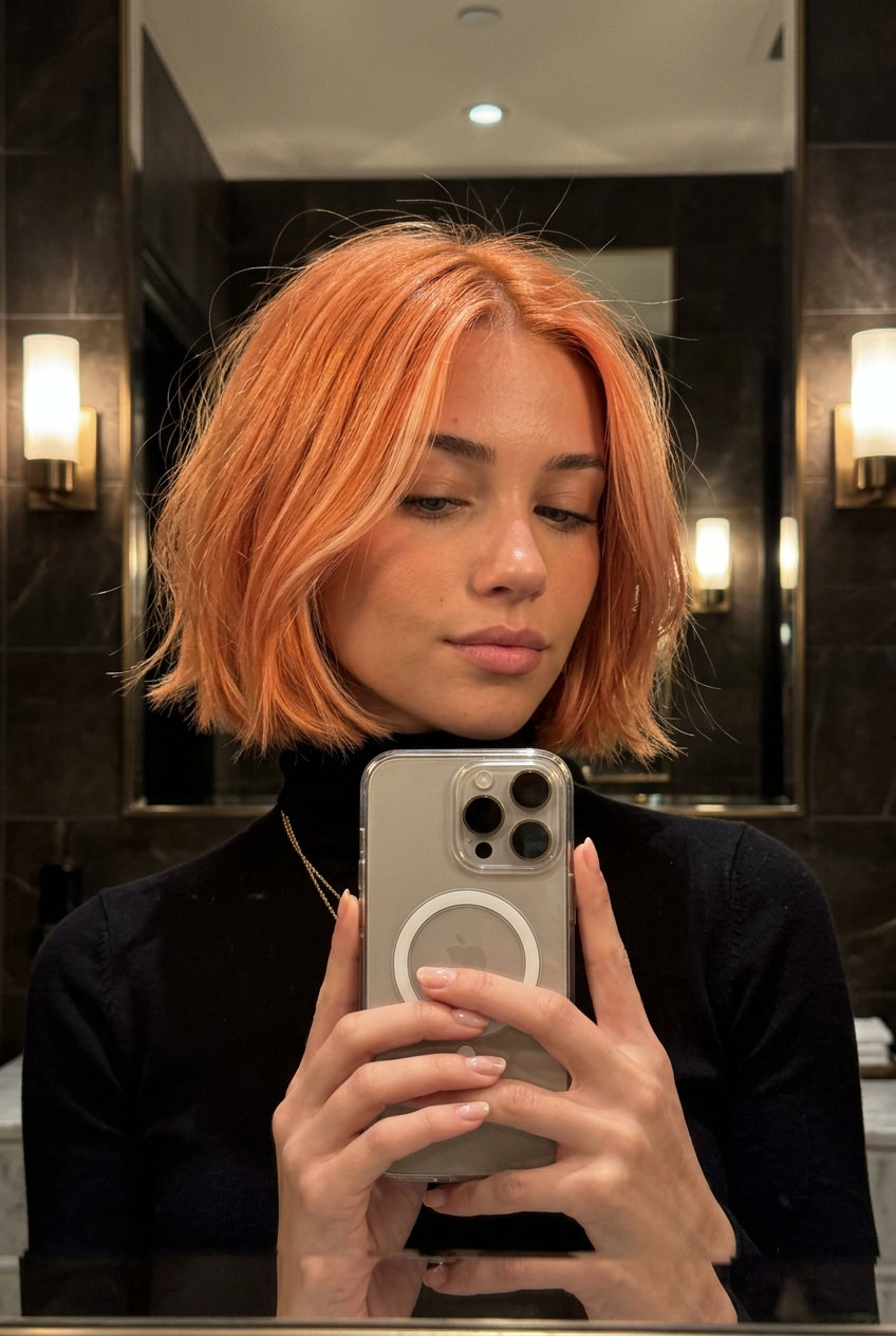 short bob haircut in apricot crush with strawberry blonde highlights, point-cut ends and soft fringe — romantic casual