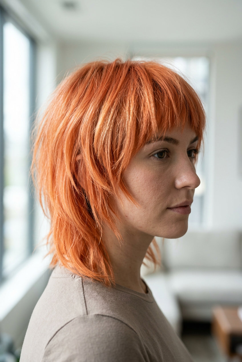 short layered cub haircut apricot crush with strawberry blonde hints, choppy layers, piecey fringe — edgy festival style