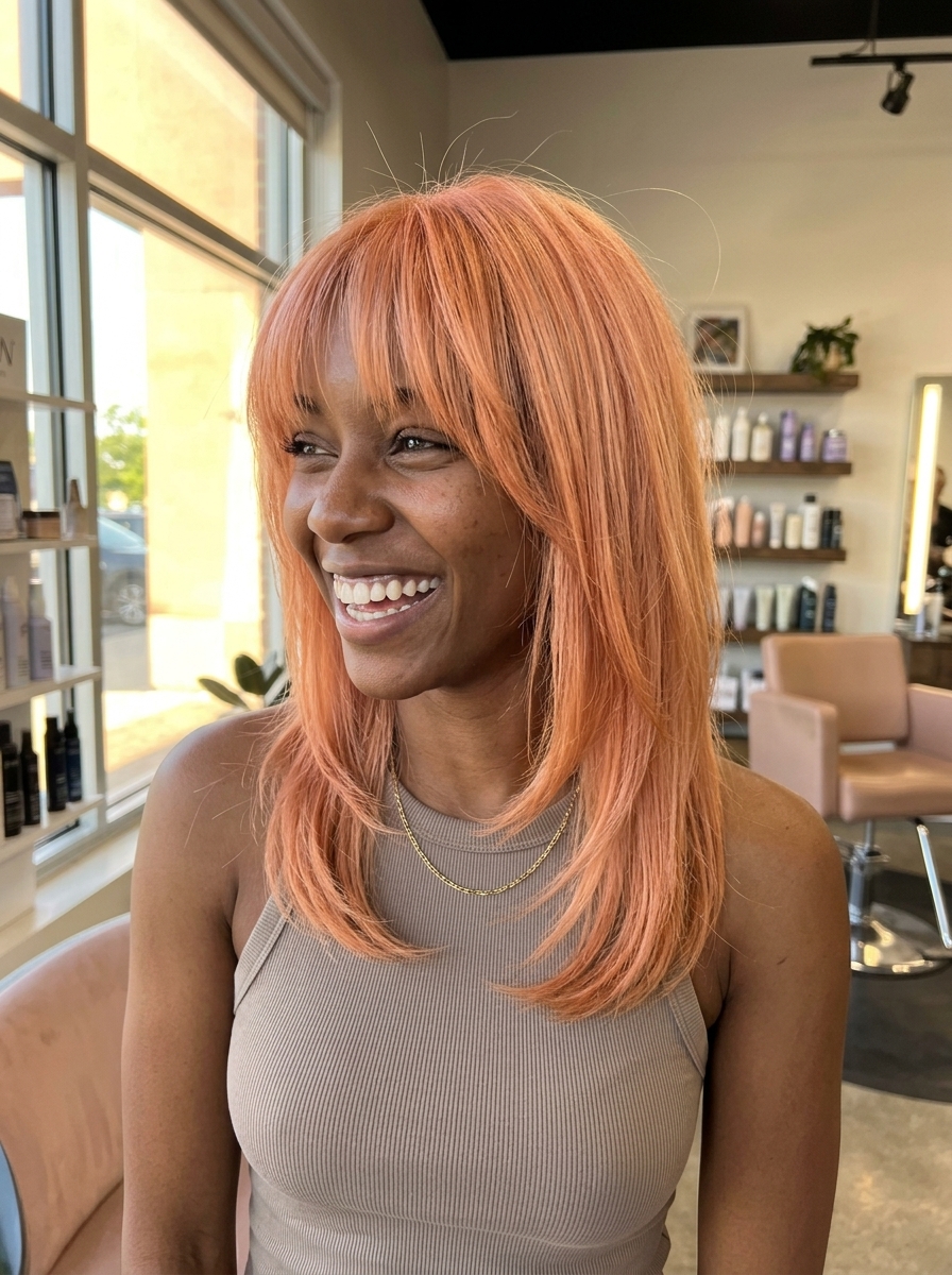 apricot crush shag haircut with blunt bangs and face-framing layers for summer