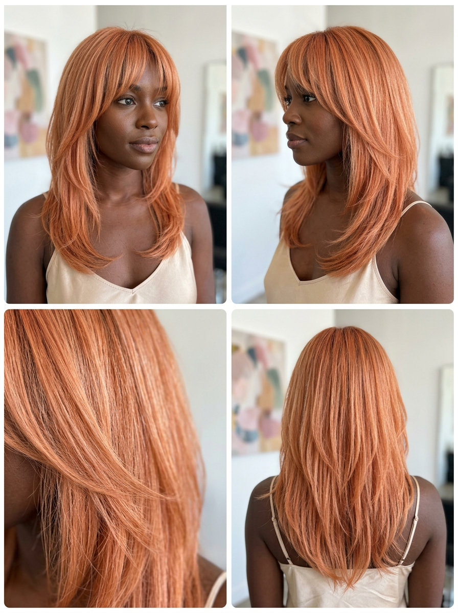 long haircut in apricot crush with strawberry blonde babylights, wispy bangs, romantic mood