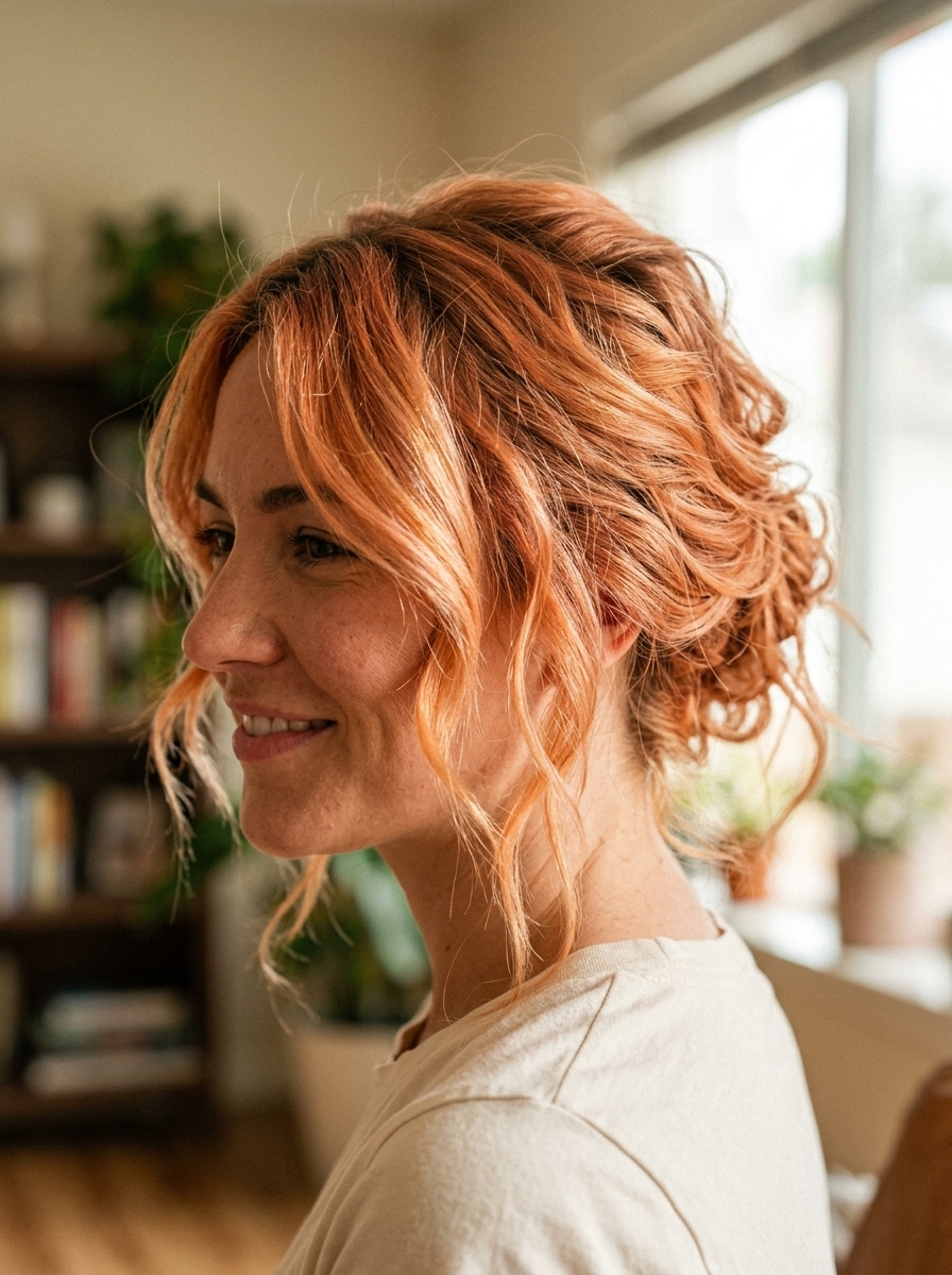 Playful Textured Updo: Easy Summer Hairstyle 2026 long messy bun with soft apricot crush color, textured updo, face-framing tendrils — playful bohemian summer outing