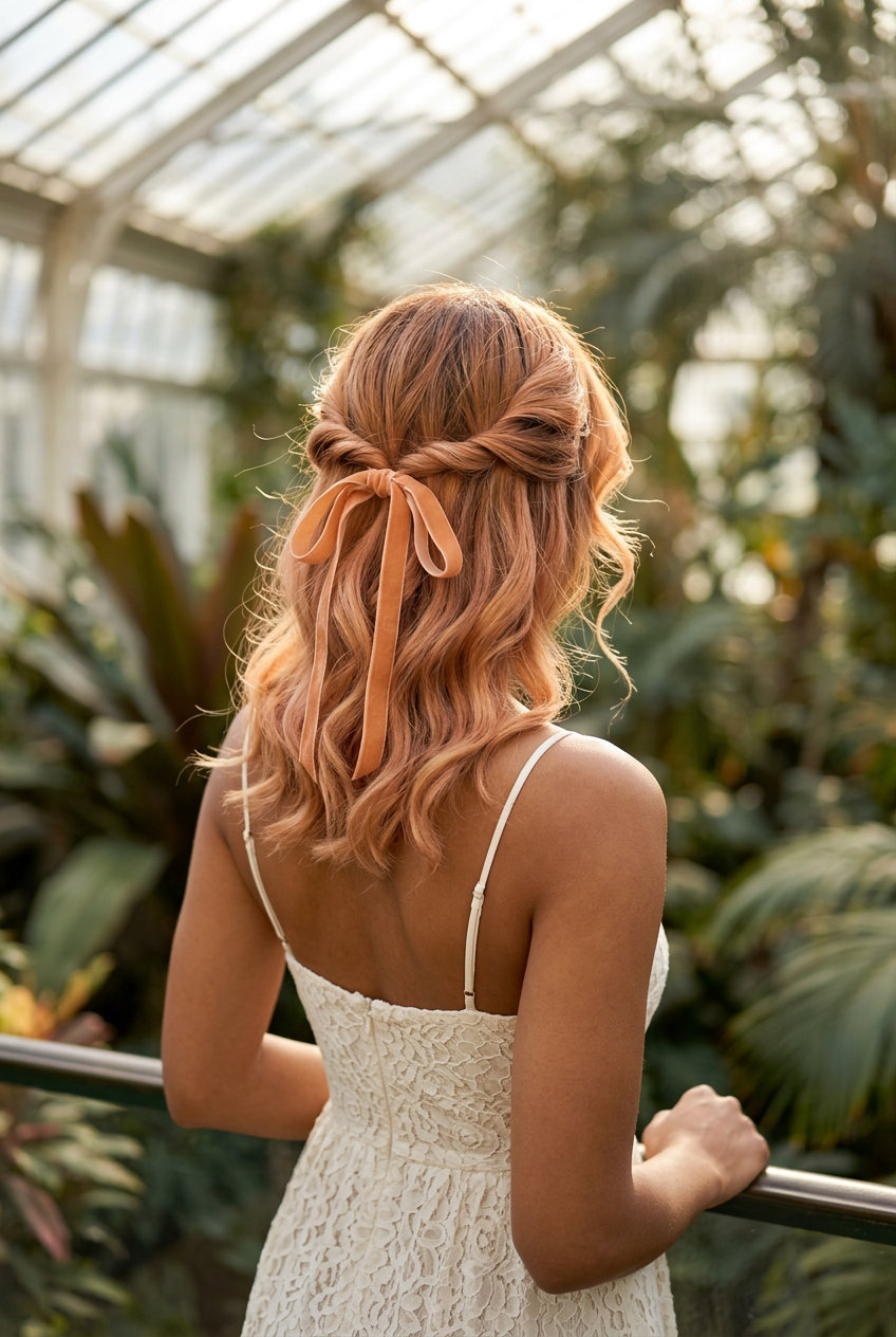 long apricot crush hair coquette ribbon half-up with soft waves for garden wedding