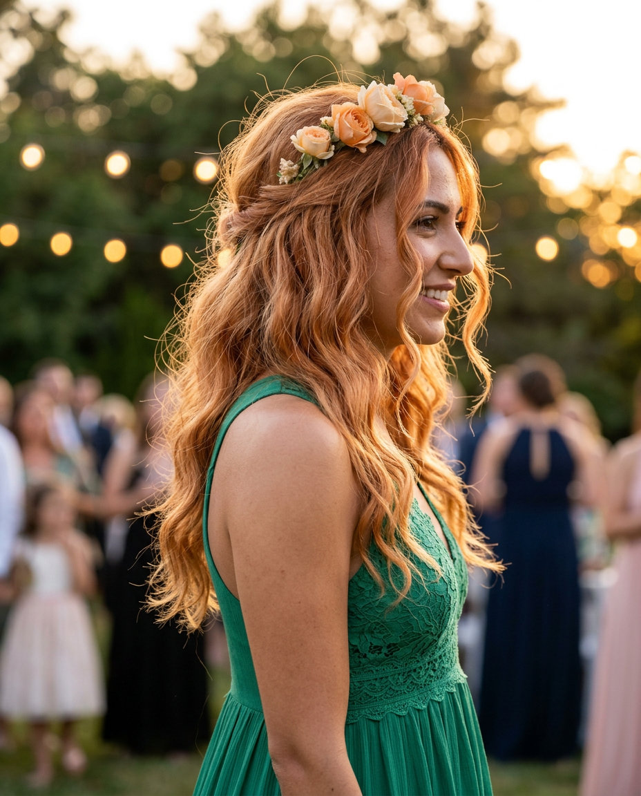 long bohemian waves with apricot crush copper and flower crown for summer wedding guest hairstyles 2026