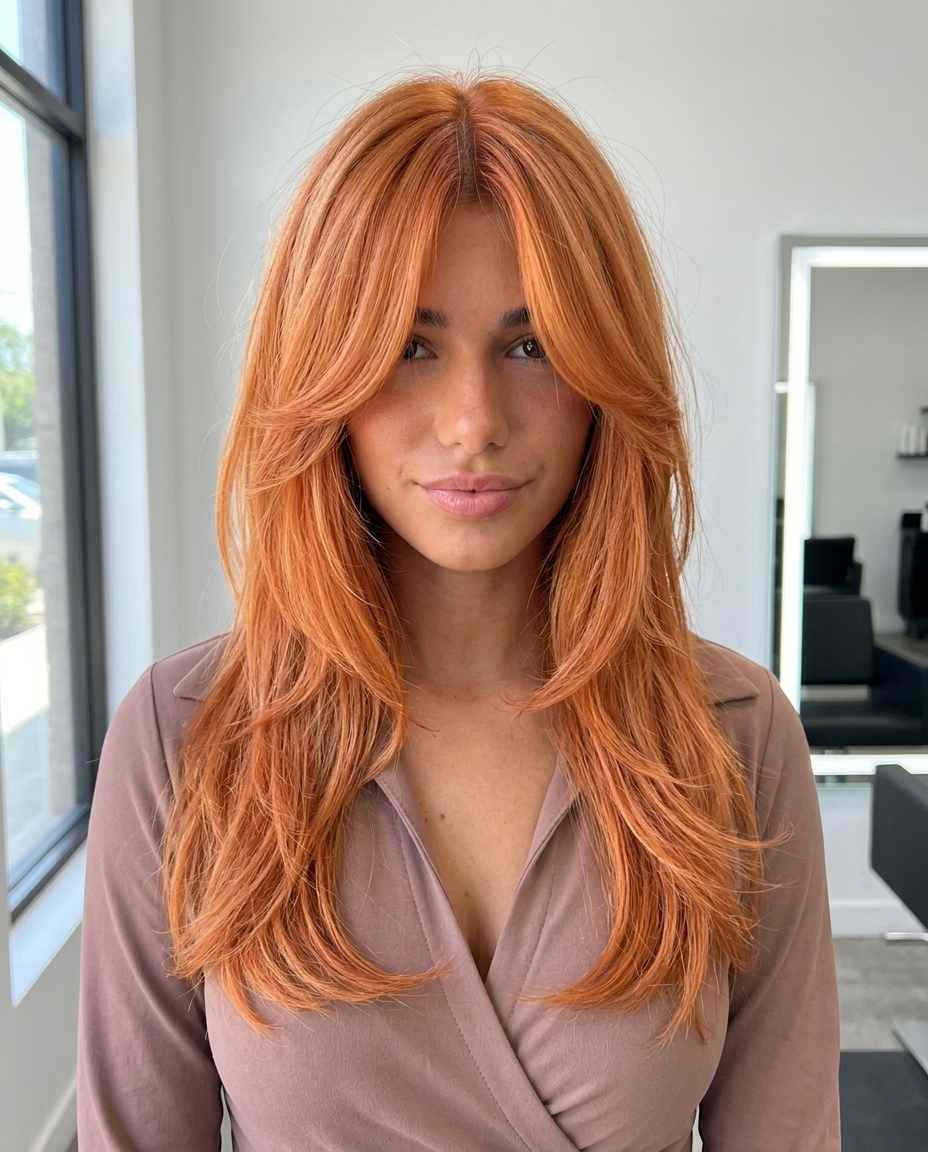 medium-long butterfly haircut with vibrant apricot crush, textured layers and full curtain bangs for festival