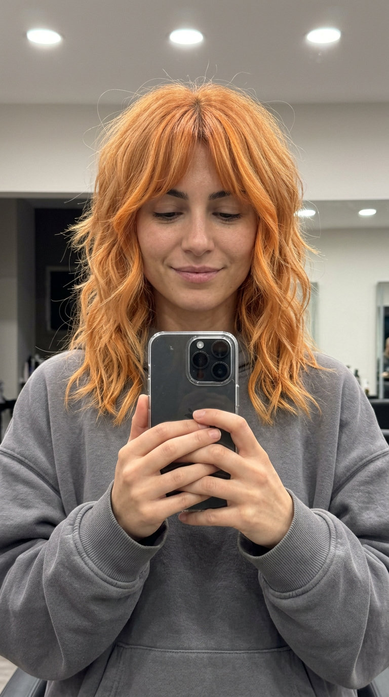 medium layered wolf cut with sun-drenched apricot strawberry blonde, bottleneck bangs, choppy layers — edgy, playful