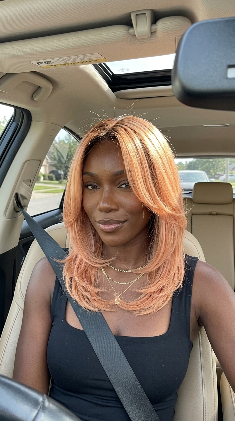 flowy butterfly haircut with natural brown to apricot ombré, soft layers, and chin face-framing for playfulness