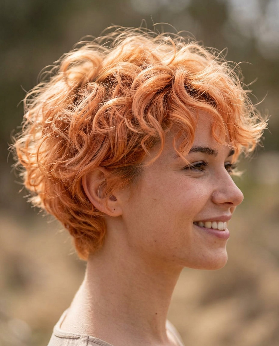 very short textured pixie haircut in apricot crush pastel orange-pink for natural curls in summer