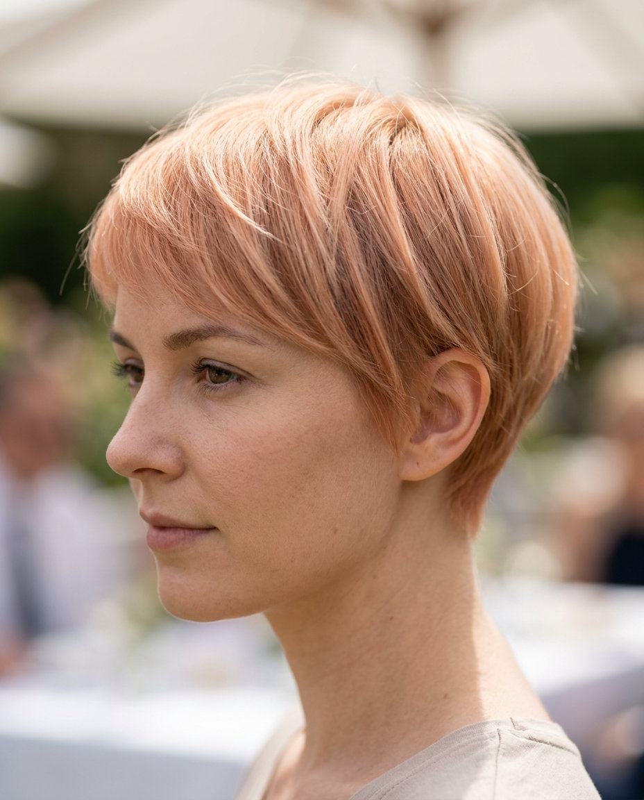 very short sculpted pixie haircut in apricot crush pastel with peach gloss and micro-fringe for summer