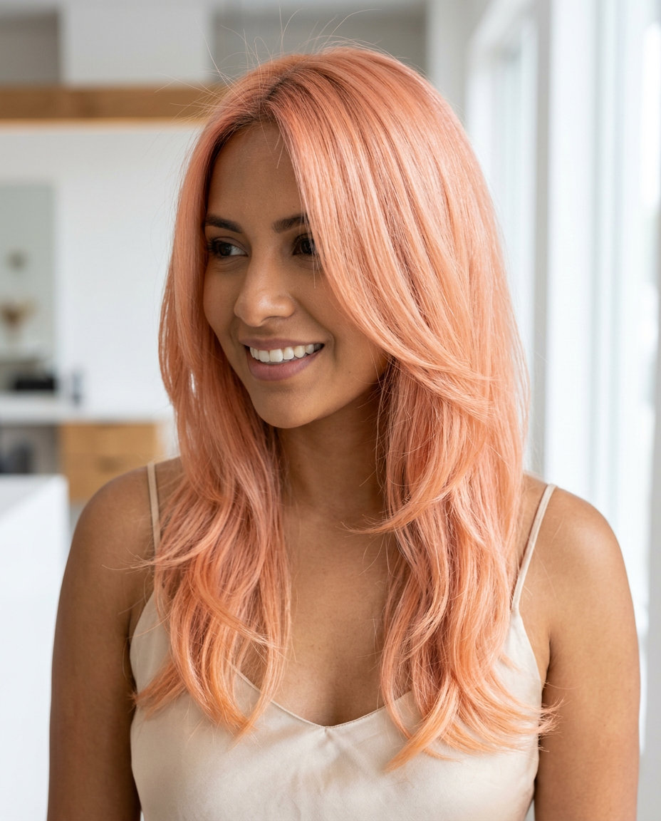long airy layers apricot peach with rosy undertones, fashion color tint — playful date night