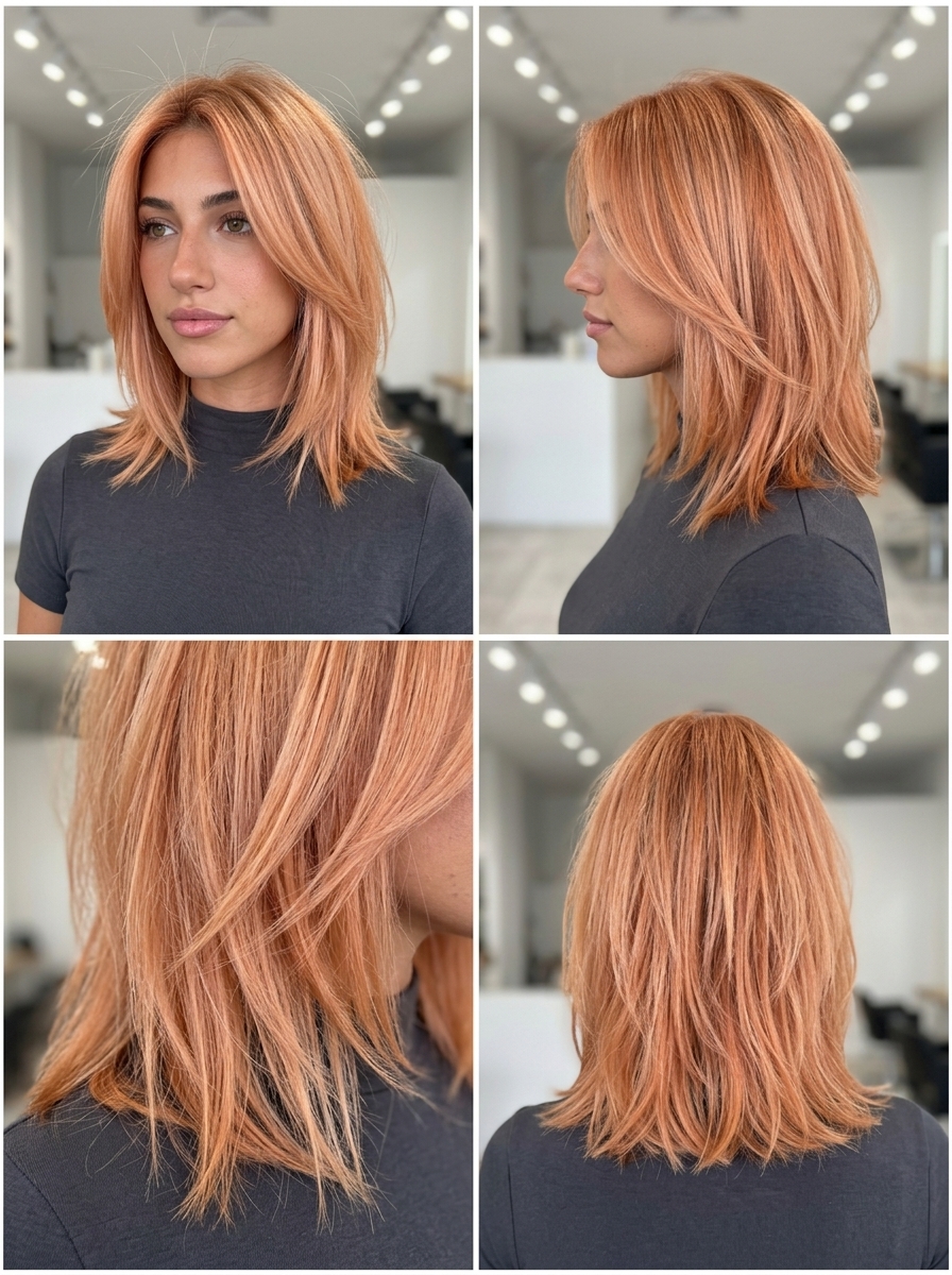 medium lob haircut in soft apricot with peach nuances, textured layers, no bangs — playful & vibrant