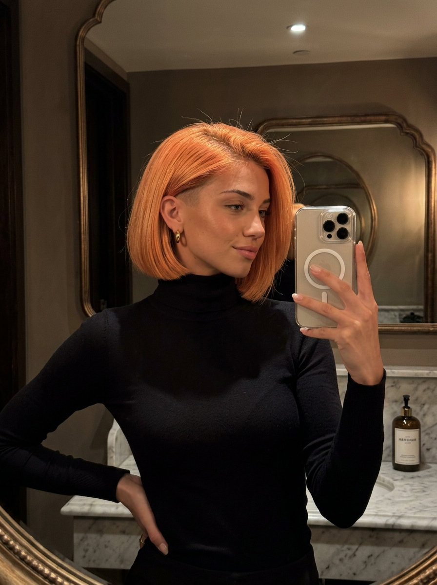 short vibrant apricot strawberry blonde bob with high undercut and blunt cut for bold looks