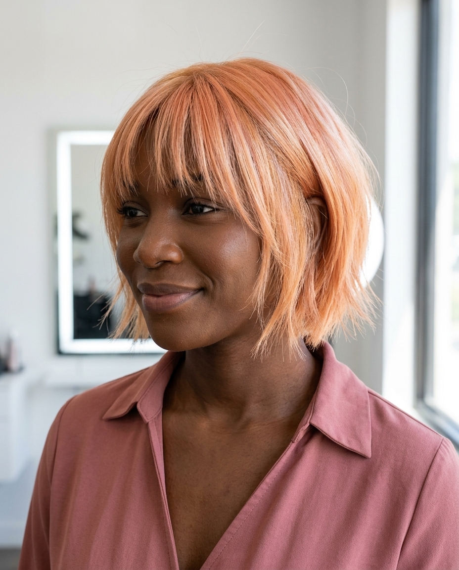 short razor bob haircut in apricot crush with golden blonde accents, piecey razored fringe, point-cut ends — playful whimsical