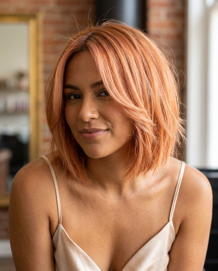 short apricot bob haircut with strawberry blonde highlights, textured layers, face-framing pieces — playful dreamy