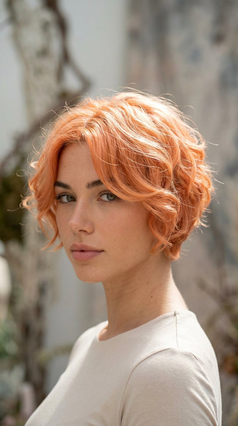 short layered pixie-bob apricot crush with strawberry blonde accents, soft waves, face-framing pieces — romantic weekend brunch