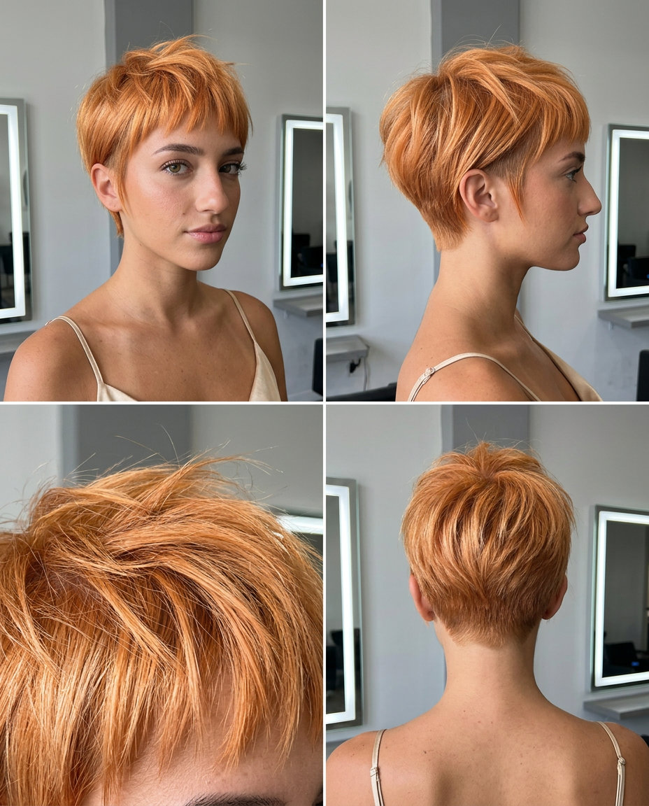 short textured pixie haircut in sun-drenched apricot strawberry blonde with undercut and micro-bangs for music festival