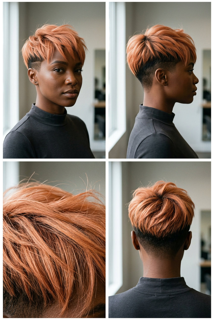 very short pixie haircut in vibrant apricot crush, choppy layers, textured fringe, bold mood