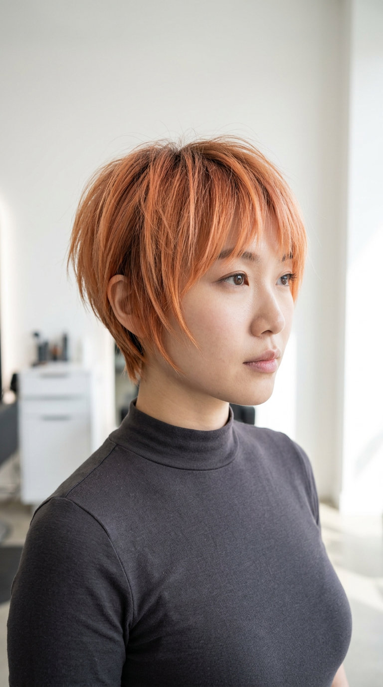 very short pixie haircut with sun-drenched apricot strawberry blonde, razored ends, edgy fringe — playful, modern