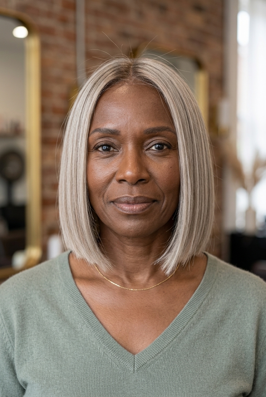 chin-length blunt bob haircut in cool ash blonde with beige babylights and side-swept fringe for sophisticated chic