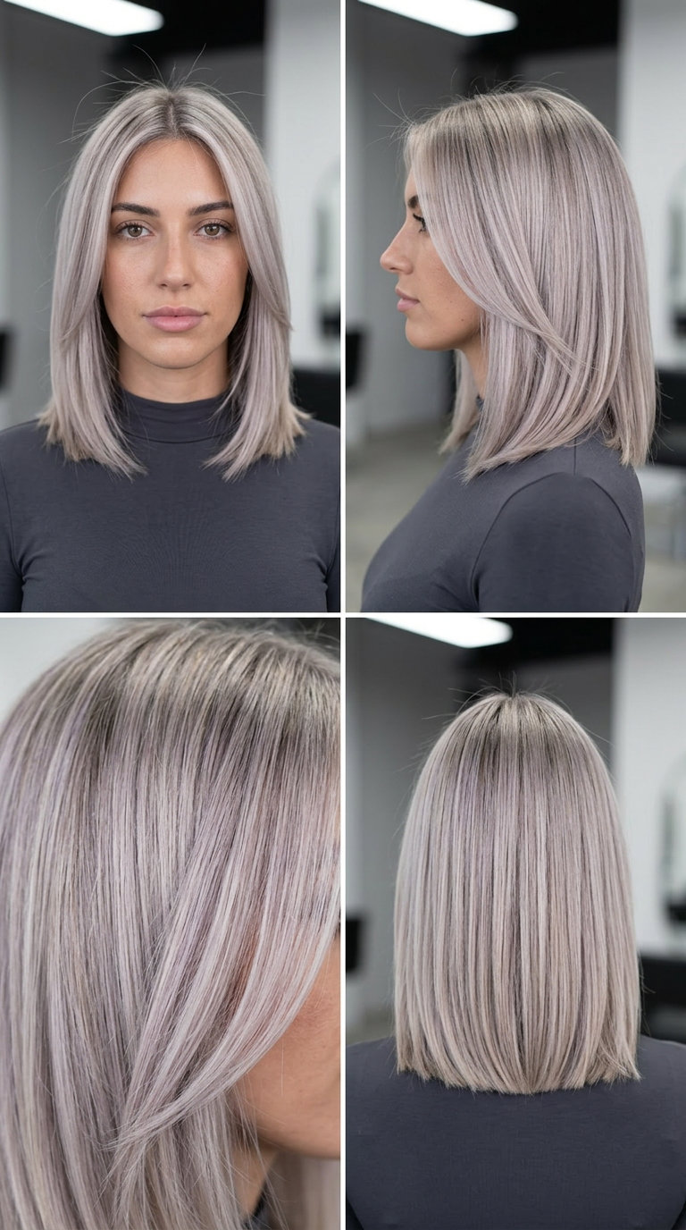 collarbone-length layered bob with icy ash blonde & pearl root, subtle root smudge for summer