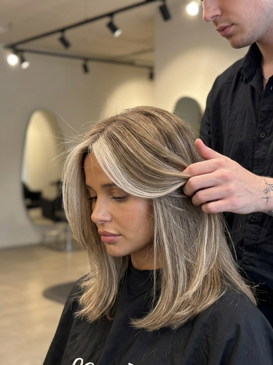 Ash Blonde Bronde 2026: Chic Money Piece long ash blonde bronde with cool ash blonde money piece and no fringe for office wear