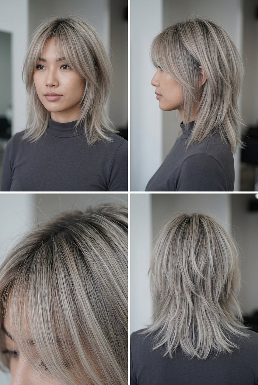 medium ash blonde shag hair color with muted beige tones and root smudge for festivals