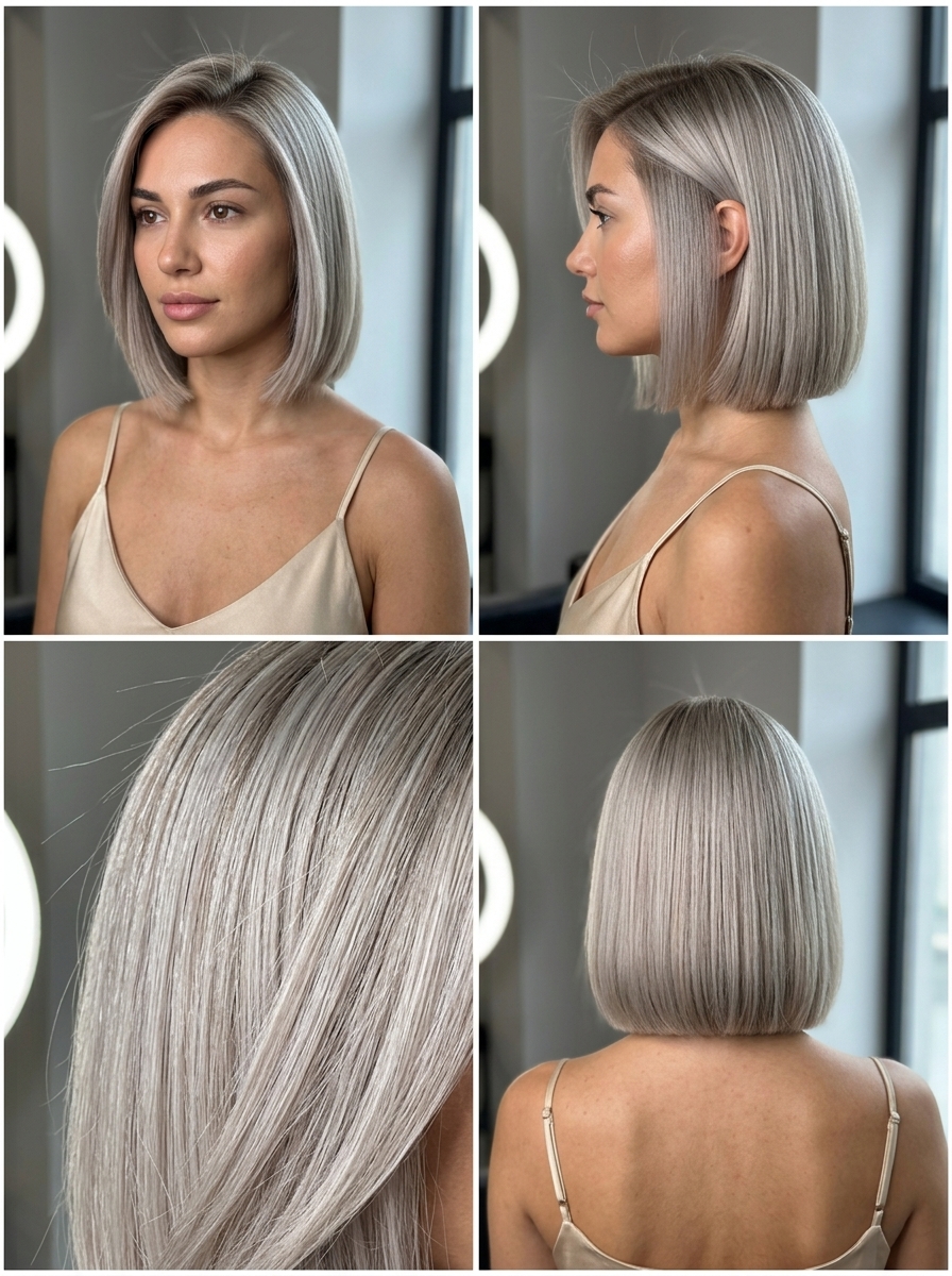 short french bob haircut with icy ash blonde, cool beige undertones, blunt perimeter — sophisticated sharp style