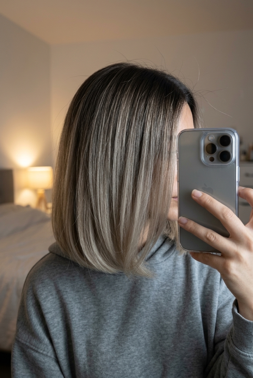 short ash blonde ombre with deep ash brown root melt and muted ash blonde ends, sleek bob for professional event