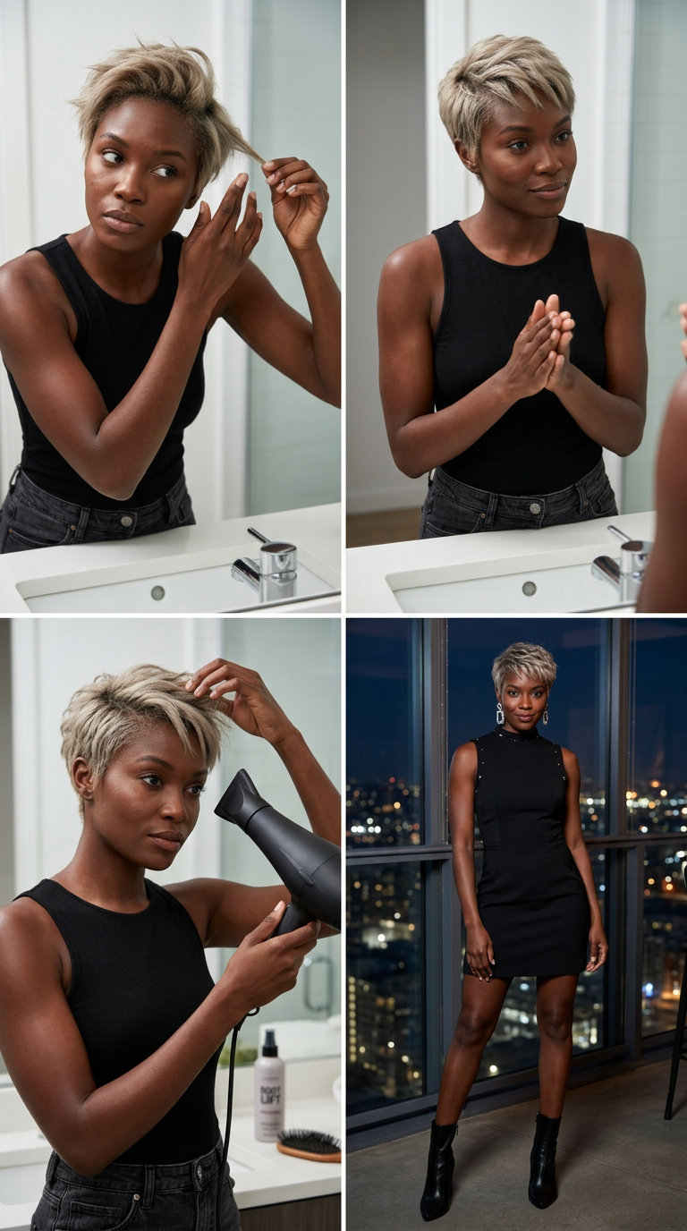 short natural ash blonde pixie haircut with platinum face-frame and piecey styling for modern event