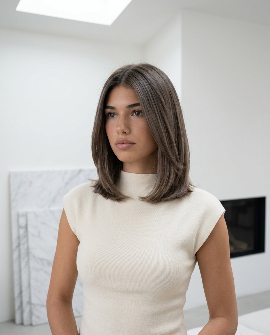 collarbone-length layered bob with cool ash brown and smoky taupe undertones for summer