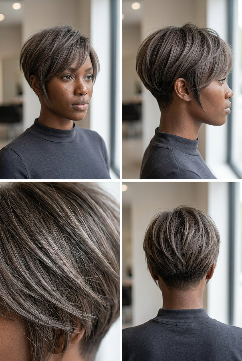 short choppy bixie haircut in cool ash brown with silver reflects, sculpted layers, no fringe — sophisticated corporate
