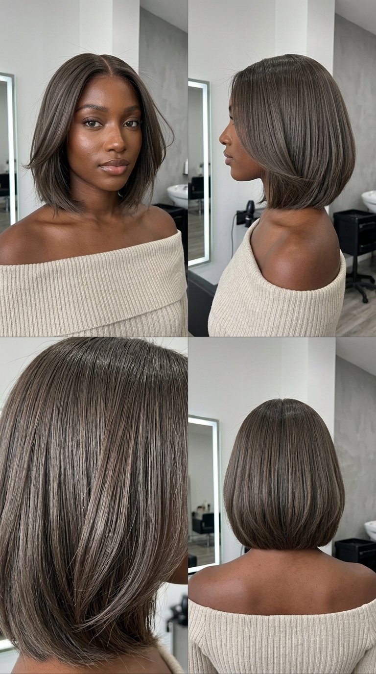 short razor bob haircut in cool ash brown with charcoal gloss, sculpted razored perimeter, center part — modern minimalist