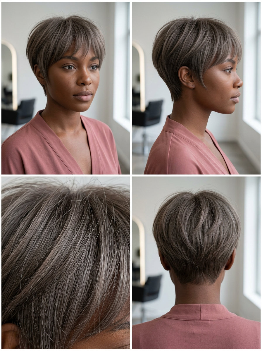 very short layered pixie haircut in cool ash brown with grey undertones and airy fringe for summer