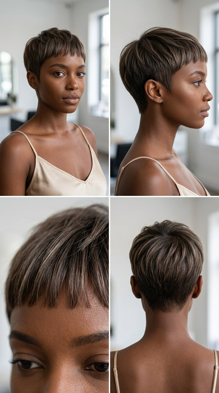 very short gamine pixie haircut in ash brown with cool babylights, blunt micro-fringe — playful
