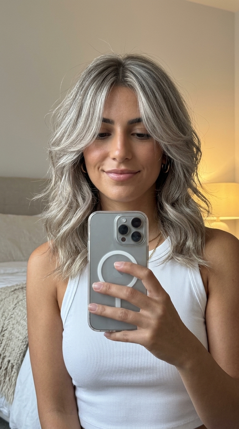 medium flowy butterfly haircut in cool ashy blonde with silver micro-highlights, razored layers, no fringe — edgy festival look