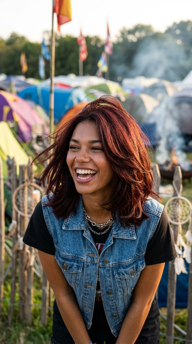 chin-length auburn bob with choppy layers and warm brown root for summer