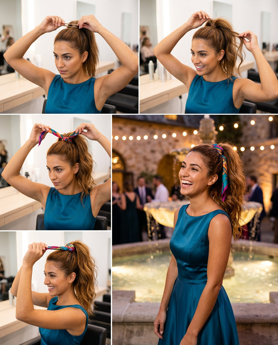 long natural auburn textured ponytail with golden highlights and silk scarf wrap for outdoor event