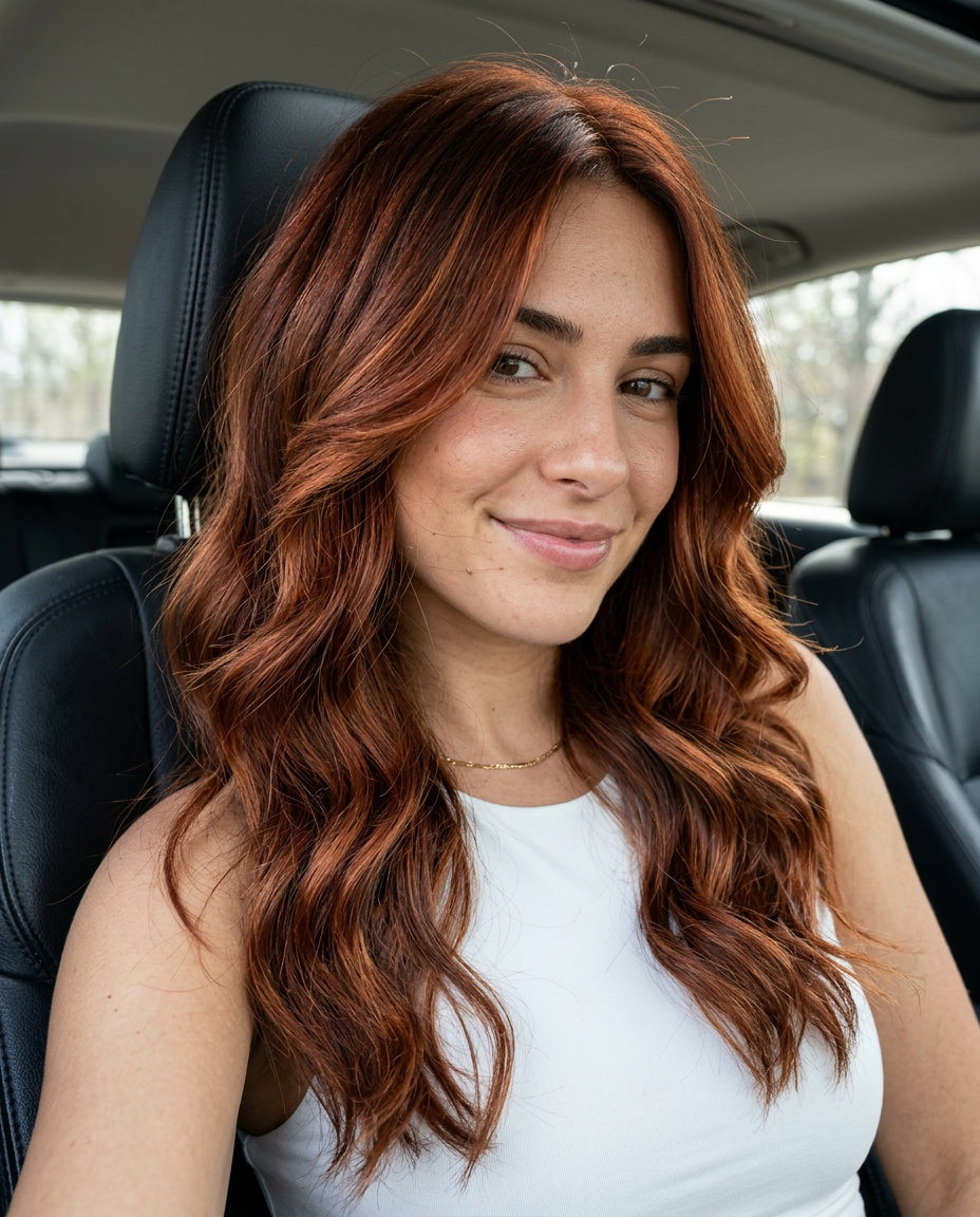 long auburn wavy haircut with copper balayage and diffused layers for autumn festivals