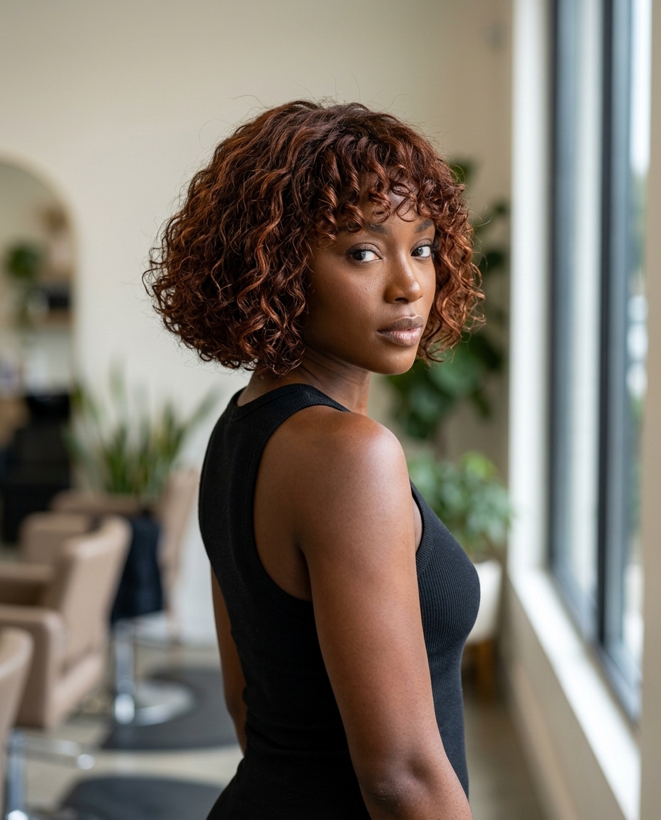 short french bob haircut in rich auburn with copper balayage, defined curly bangs, internal layers — natural confident curly style