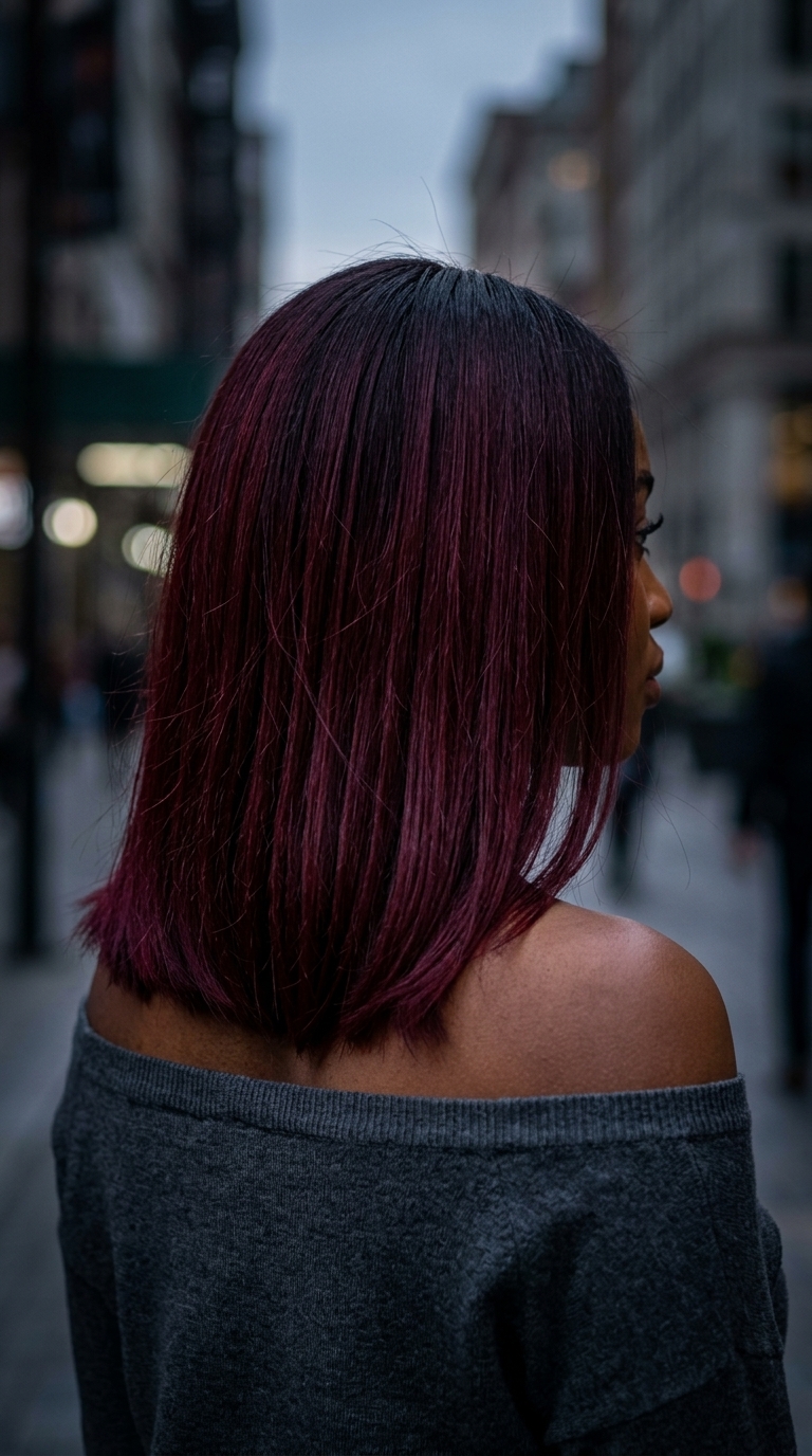 layered black cherry color melt with black cherry to dark burgundy, permanent/demi-permanent melt, no fringe — bold sultry date night