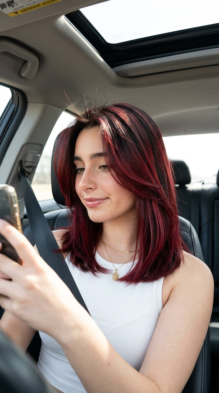 long black cherry air touch balayage with violet-mahogany undertones, seamless melt — bold evening event