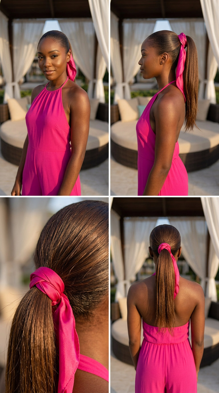 Retro Luxe Pony 2026 long rich black sleek high ponytail with silk scarf wrap, face-framing tendrils — bold sophisticated date night